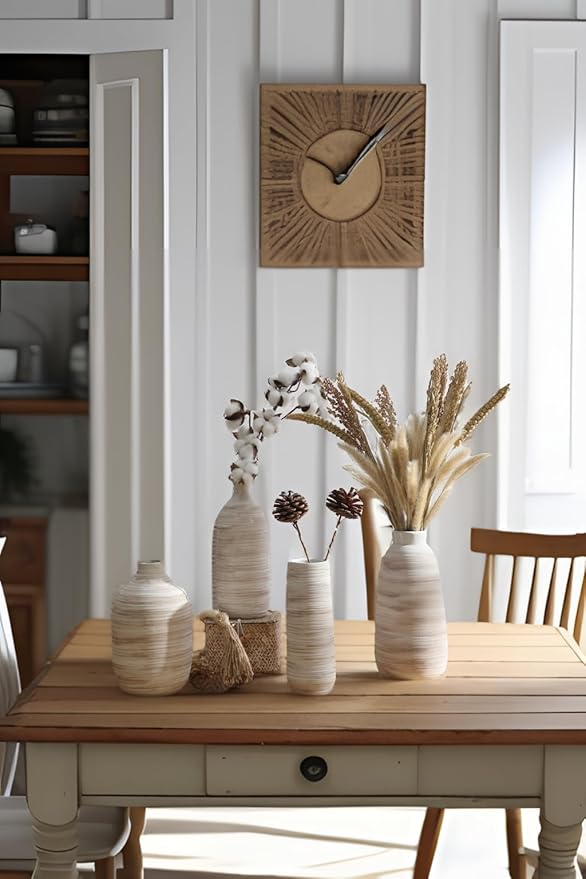 ALMA 9 Inch White Ceramic Vase for Dried Flower Bouquet, Small Cream Pampas Grass Vase for Home Decor, Beige Rustic Vase for Tabletop Centerpieces, Bookshelf, Mantle, Living Room