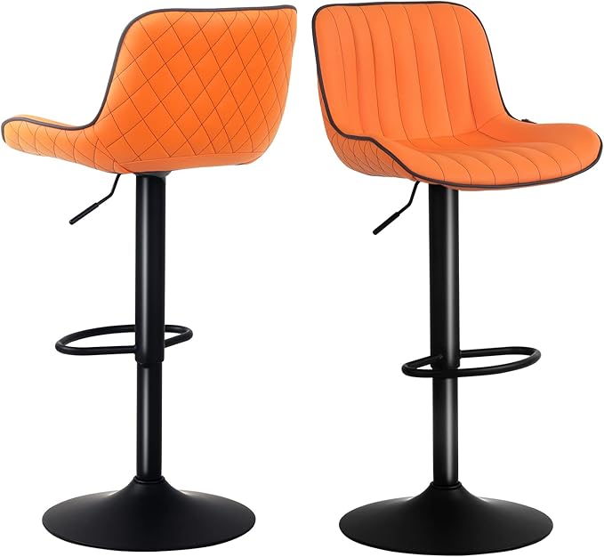 YOUNUOKE Orange Bar Stools Set of 2, Height Adjustable, 360° Swivel, Faux Leather Upholstered Barstools with Back, Mid-Century Modern Design, Stools for Kitchen Island, Home Bar, Bistro, Restaurant