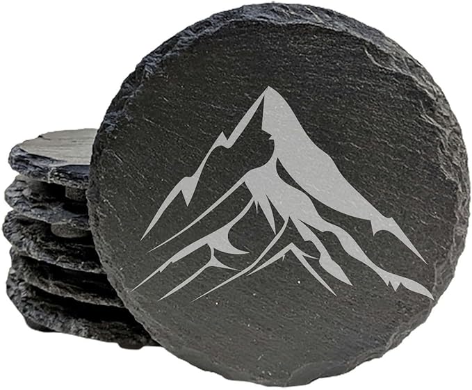 Mountain Majesty Slate Coasters with Stunning Mountain Scene Design - Perfect for Home and Office Decor and Protection of Surfaces, Available in Square or Round Coasters - Round Slate - Set of 4