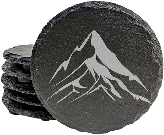Mountain Majesty Slate Coasters with Stunning Mountain Scene Design - Perfect for Home and Office Decor and Protection of Surfaces, Available in Square or Round Coasters - Round Slate - Set of 5
