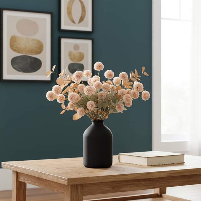 Beige Fake Flowers Silk 10 Stems With Eucalyptus, Faux Flowers For Vase, Artificial Mums Long Stem, Mini Faux Mums Flower Bulk, Tan Nude Cream Neutral Floral, Chrysanthemum Pom Pom Floral Arrangements