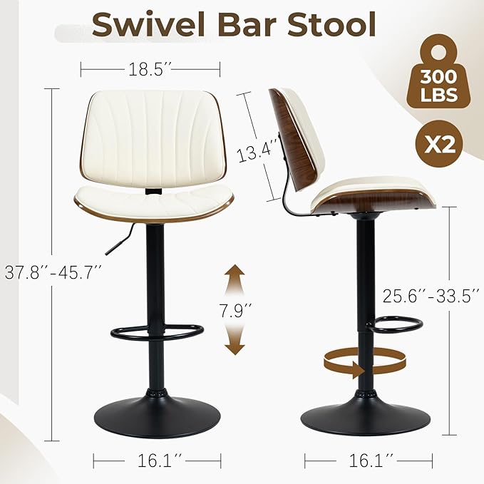 ECOTOUGE Bar Stools Set of 2, Adjustable Swivel Leather BarStools, Modern Mid Century Counter Height Bar Chairs stools with Back & Footrest for Kitchen Island(Ivory White/Beige)