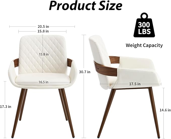 Mid Century Modern Dining Chairs Set of 2 - Faux Leather Dining Room Chairs, Upholstered Kitchen Chair with Arms and Metal Legs - Beige