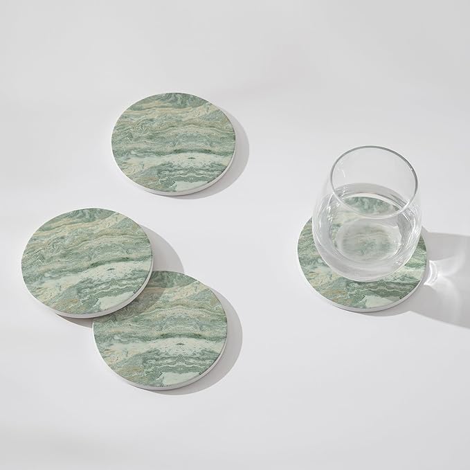 Set of 6 Sage Green Abstract Onyx Marble Coasters with Holder, Absorbent Ceramic Drink Coasters for Table Protection, Coffee Table Decor