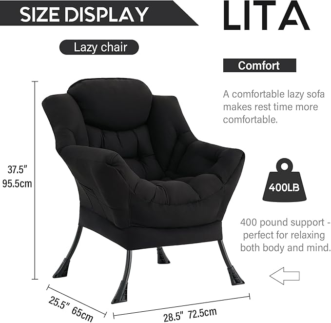 LITA Lazy Chair with Ottoman, Modern Accent Leisure Upholstered Sofa, Contemporary Lounge Reading Chair with Armrests and a Side Pocket for Living Room, Bedroom & Small Space, Single Black
