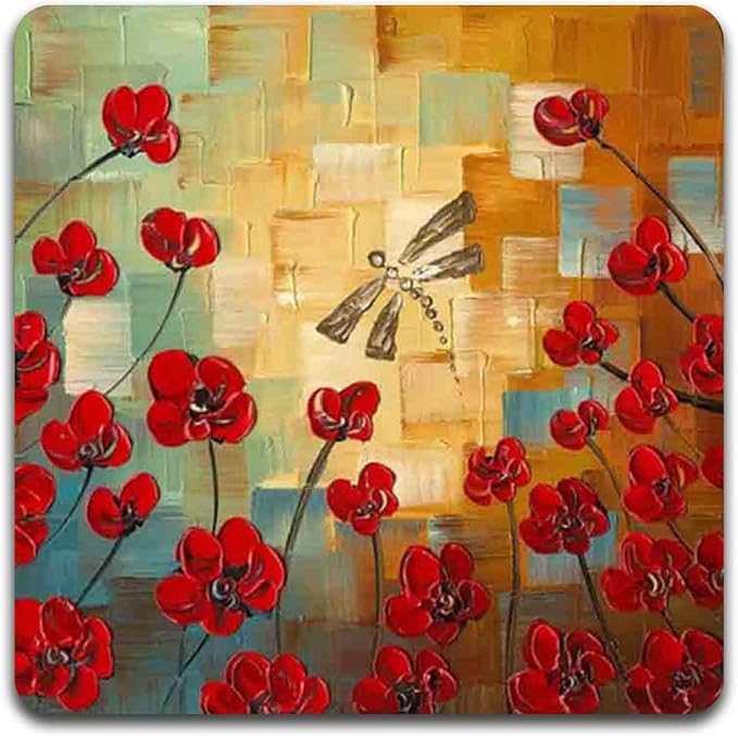 Red Oil Painting Square Coaster Set - Made of Recycled Rubber - Set of 4