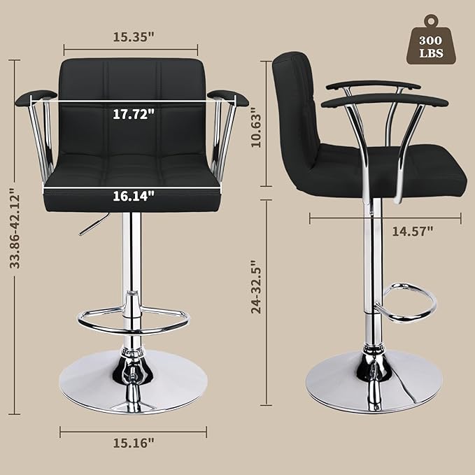 Bar Stools Set of 2,Armrest Adjustable Swivel Barstools with Back,Double Needle PU Leather Counter Height Bar Stools for Kitchen Island, Black