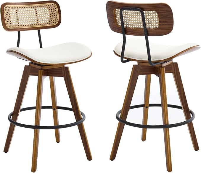Swivel Bar Stools Set of 2, Faux Leather Counter Height Stools with Rattan Back, 26" Seat Height Upholstered Bar Chairs with Bentwood Wood Frame for Kitchen Island - Beige