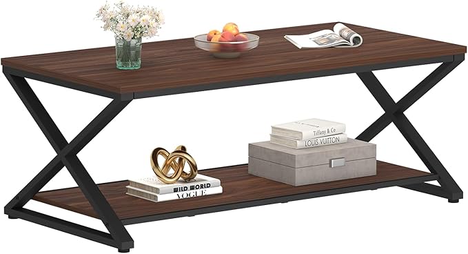 HSH Walnut 2 Tier Storage Coffee Table, Modern Rectangle Center Table for Living Room, Industrial Minimalist Wooden Metal Cocktail Tea Table, Home Office Rustic Simple Display Coffee Table, 39 Inch