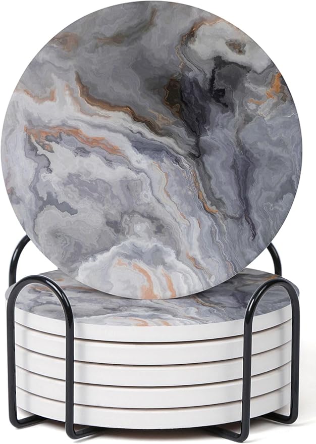 Set of 6 Abstract Dark Blue Marble Coasters with Holder, Absorbent Ceramic Coasters for Drinks, Coasters with Cork Backing for Table Protection, Housewarming Gifts for New Home