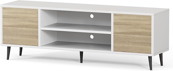 YESHOMY Modern TV Stand for 65" Television, Entertainment Center with Two Storage Cabinets and Open Shelves, Retro Style Media Console for Living Room, Bedroom, Office, 58 Inch, White & Beige