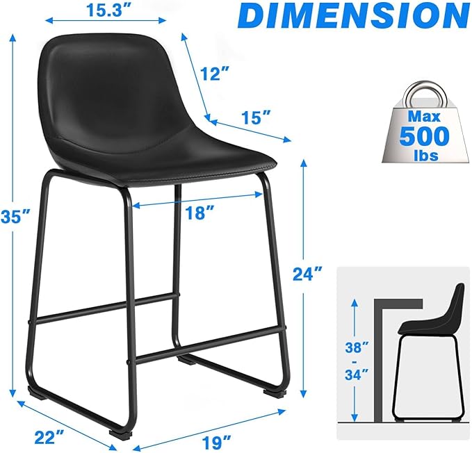 Rfiver Pu Faux Leather Bar Stools Set of 6, Industrial Pub Barstools with Back and Footrest, Modern Armless Bar Height Stool Chairs (Black, 24" Counter Chair x6)