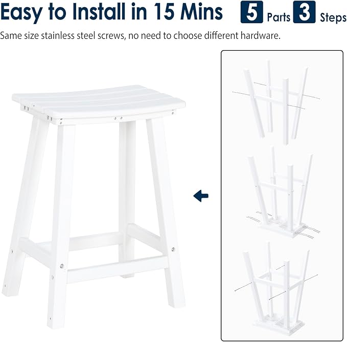 nalone 24 Inch Outdoor Bar Stools Set of 2, HDPE Bar Chairs with Footrest, Weather Resistant Barstools Outside Counter Height Stools for Patio Balcony (White, 24'' Barstools Set of 2)