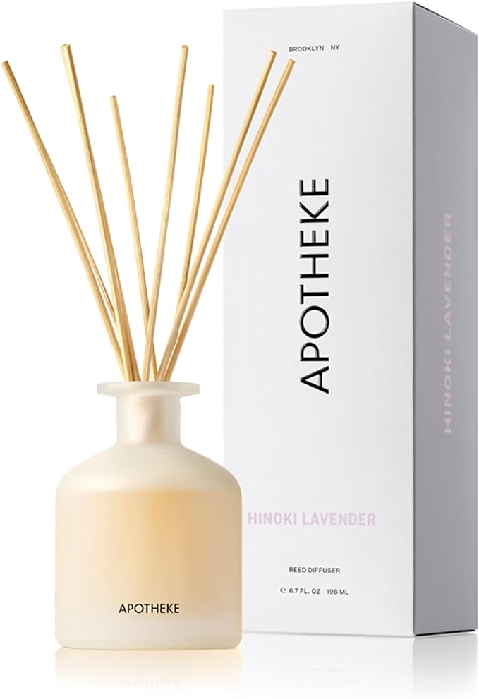 Apotheke Luxury Scented Reed Diffuser for Home, Hinoki Lavender - 6.7 Fl Oz Essential Oil Aromatherapy - 10 Rattan Scent Sticks Room Diffuser - Long-Lasting Fragrance for Bedroom, Home, Bathroom