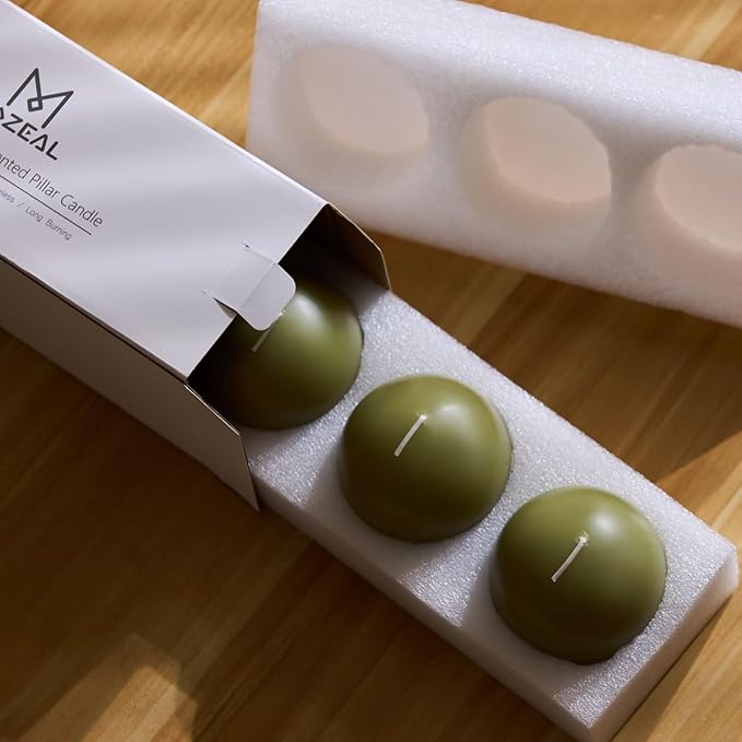 MOZEAL Hand-Poured, 3 Inch Olive Green Round Ball Candles - Elegant Olive Green Round Pillar Candles Set of 3, Dripless, Unscented, Smokeless, Ideal for Autumn Gatherings.