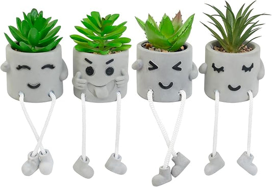 Set of 4 Small Faux Succulents in Cement Pots with Hanging Legs, Potted Mini Fake Plants for Desk, Office Cubicle, Kitchen, Bathroom, Wall Shelf Decor, Room & Bookshelf Ornament