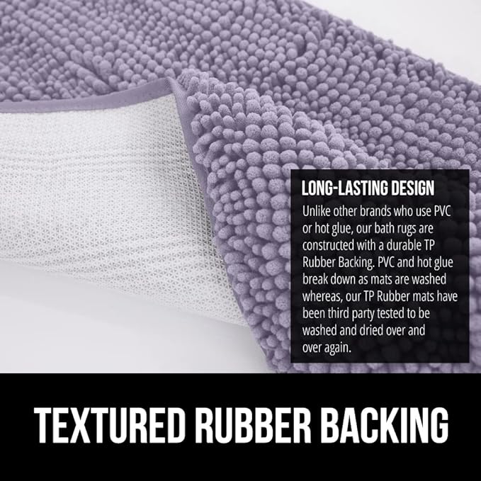 GORILLA GRIP Bath Rug Mat 30x20, Soft Absorbent Chenille, Quick Dry Microfiber Mats, Rubber Backing Washable Shower Floor Rugs, Bathmat Runner, US Designed Bathroom Decor Accessories Light Purple