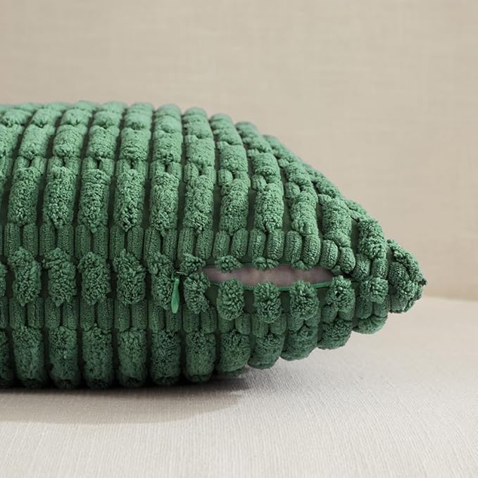 Fancy Homi 2 Packs Green Decorative Throw Pillow Covers 24x24 Inch for Living Room Couch Bed Sofa, Rustic Farmhouse Boho Home Decor, Soft Striped Corduroy Square Cushion Case 60x60 cm