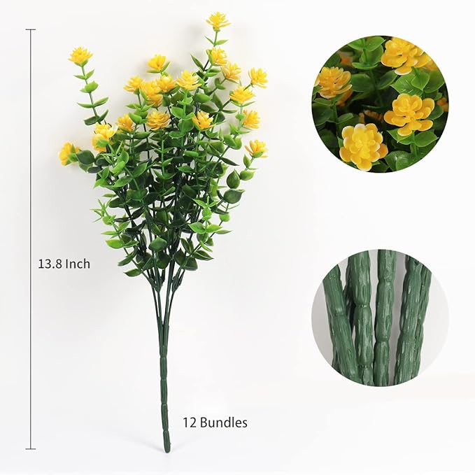RECUTMS 12 Bundles Outdoor Artificial Flowers UV Resistant Fake Boxwood Plants, Faux Greenery for Indoor Outside Hanging Plants Garden Porch Window Box Home Wedding Farmhouse Décor（Yellow）