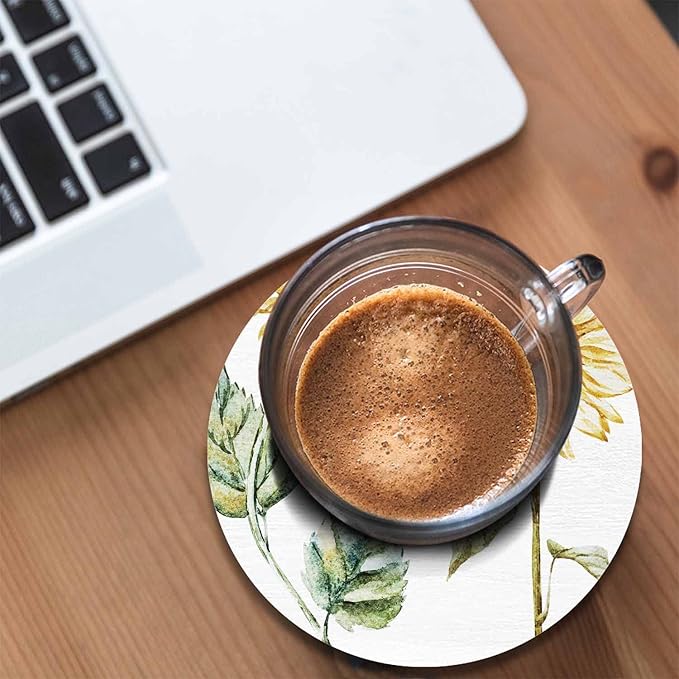 Yellow Sunflower Coasters for Coffee Table Bright Color Flowers Botanical Floral Nature Beauty Blossom Sketch Housewarming Presents for Women Men Home Decor Office Kitchen Living Room 2 Pcs