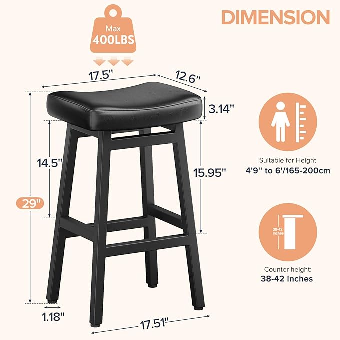 29 Inches Bar Stools Set of 2, Bar Height Barstools for Home Counter, Blackless Barstool with Bonded Leather Saddle Seats & Heavy Duty Metal Legs, Easy Assembly, All Black