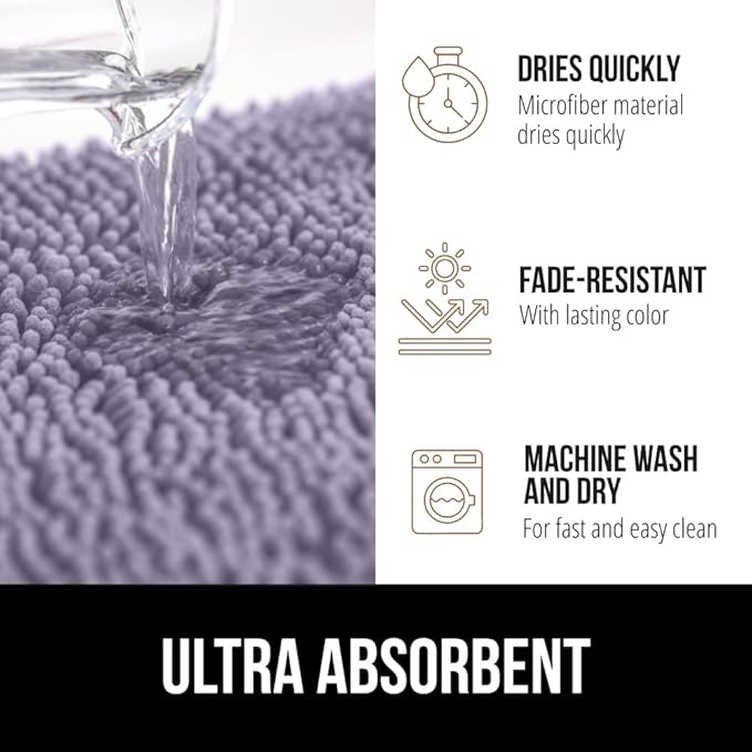 GORILLA GRIP Plush Absorbent Shaggy Chenille Bath Rug Mat for Square Toilet Base with Rubber Backing, Machine Washable Rugs, Soft Microfiber Contour Mats for Toilets, Bathroom Decor, Lt Purple