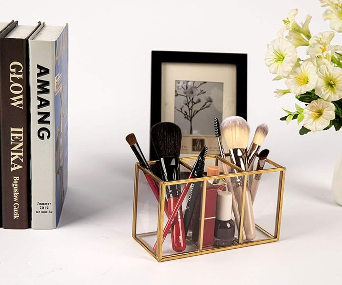 NIUBEE Acrylic Pen Holder 3 Compartments, Gold Pencil Organizer Cup for Countertop Desk Accessory Storage