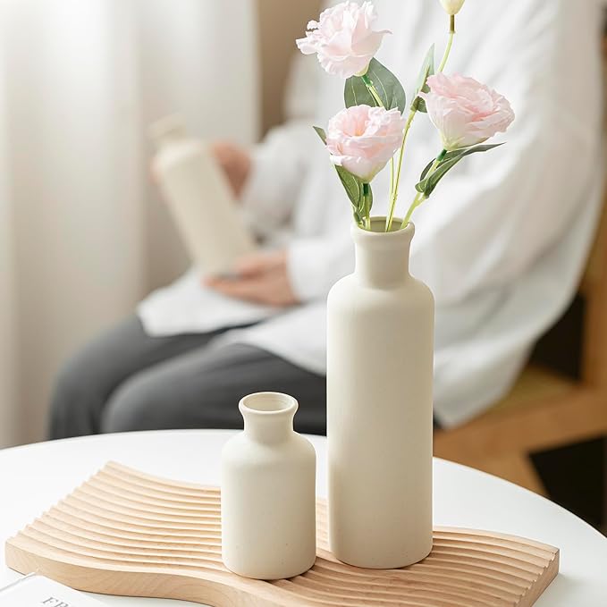 10 Inch Modern Ceramic Vase Set of 3, Beige Colors, Decorative Bottles for Home, Farmhouse Rustic Decor (Beige)