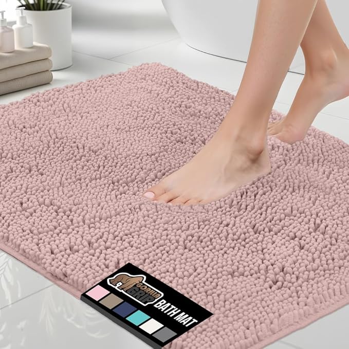 GORILLA GRIP Bath Rug Mat 36x24, Soft Absorbent Chenille, Quick Dry Microfiber Mats, Rubber Backing Washable Shower Floor Rugs, Bathmat Runner, US Designed Bathroom Home Decor Accessories Dusty Rose