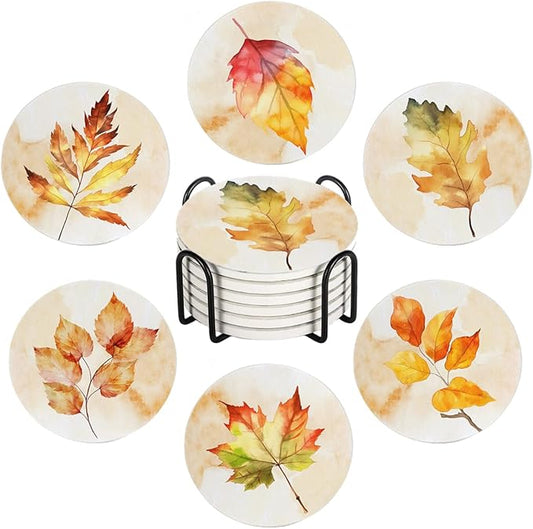Fall Drink Absorbent Coasters with Holder Set of 6, Ceramic Stone with Cork Base, Watercolor Orange Falling Maple Leaves Coaster for Drinks, Gift for Housewarming Room Bar Home Decor Kitchen