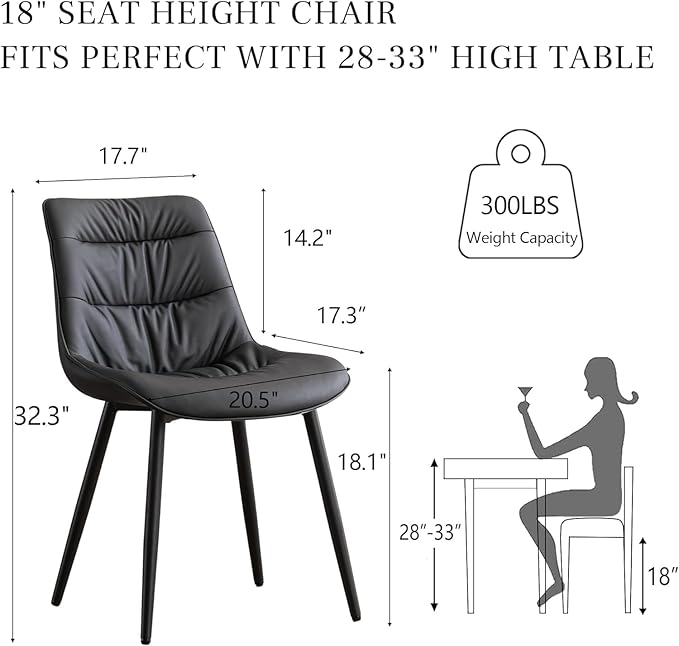 Kidol & Shellder Dining Chairs Set of 2, Modern Upholstered PU Leather Kitchen Side Chairs with Comfortable Back - Mid-Century Armless Chair for Dining Living Room Bedrooms, with Metal Legs (Black)