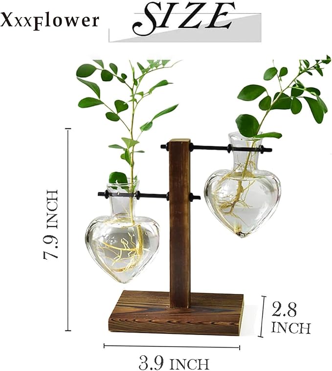 XXXFLOWER Plant Terrarium Wooden Stand, Hydroponic Planter Bulb Glass Metal Swivel Holder Retro Air Plants Water Plants for Home Office Decoration, Plant Lover Gifts - 2 Love Bulb Vase
