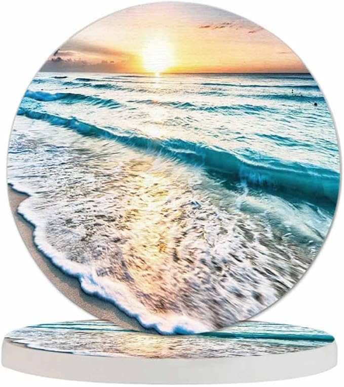 Beautiful Sea Wave and Sky at Sunset Cup Coasters for Table Clear Coast Beach Seascape Summer Travel Reusable Drink Coasters Set 2 Pcs Coffee Home Farmhouse Living Room Bar Decor