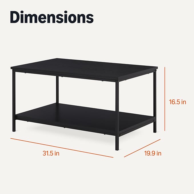 Amazon Basics Rectangular Coffee Table with Bottom Shelf, Living Room Centre Table, Wooden Black, 19.9" D x 31.5" W x 16.5" H