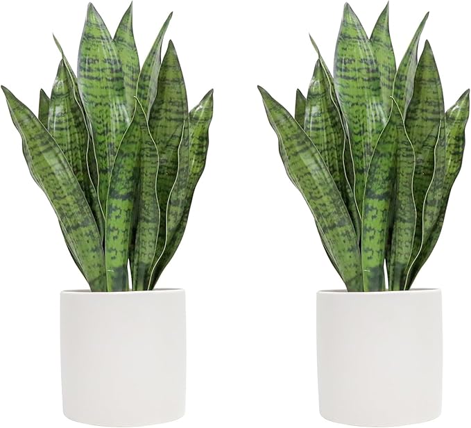 Artificial Snake Plant Set of 2, 18" Faux Snake Plant with Pure White Ceramic Pots, Fake Sansevieria for Home Decor Indoor, Office, Living Room, Housewarming Gifts