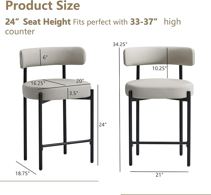 24'' Faux Leather Bar Stools Set of 3, Counter Height Bar Stools with Backs, Upholstered Counter Chairs for Kitchen Counter (Vegan Leather, Grey)