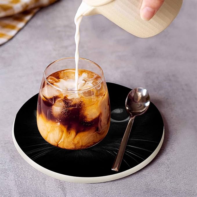 Black Cat Eyes in Dark Coasters for Drinks Lonely Black Kitten Closeup Look Cool Domestic Breed Pet for Tabletop Protection Coffee Table Living Room Kitchen Office Home Decor 2 Pcs,4 Inch