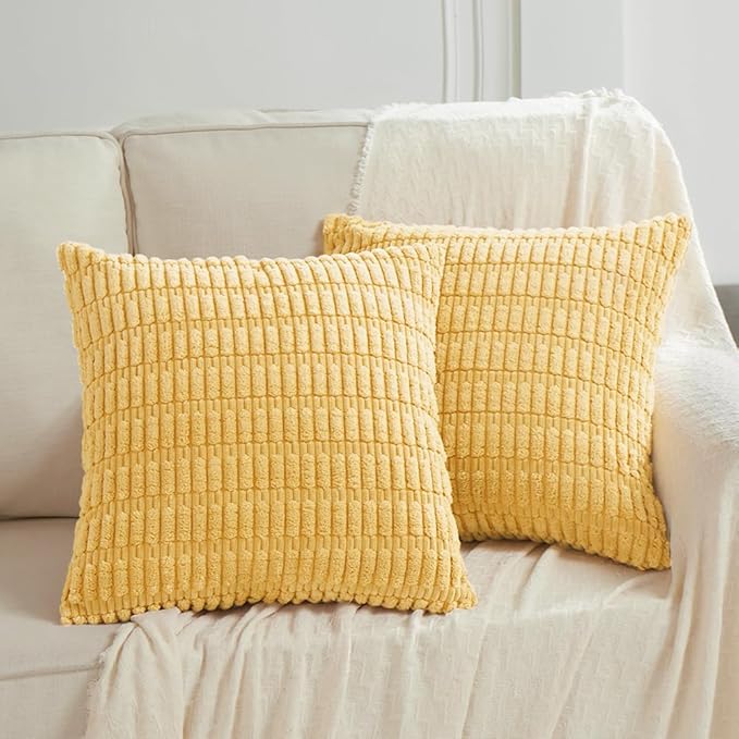 Fancy Homi 2 Packs Yellow Decorative Throw Pillow Covers 20x20 Inch for Living Room Couch Bed Sofa, Rustic Farmhouse Boho Home Decor, Soft Striped Corduroy Square Cushion Case 50x50 cm