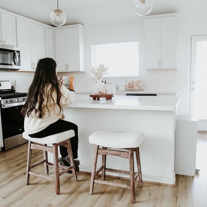 PHI VILLA Farmhouse Bar Stools Set of 2 - Wood Bartools with Upholstered Saddle Seat, 24 inch stools for Kitchen Counter Set of 2