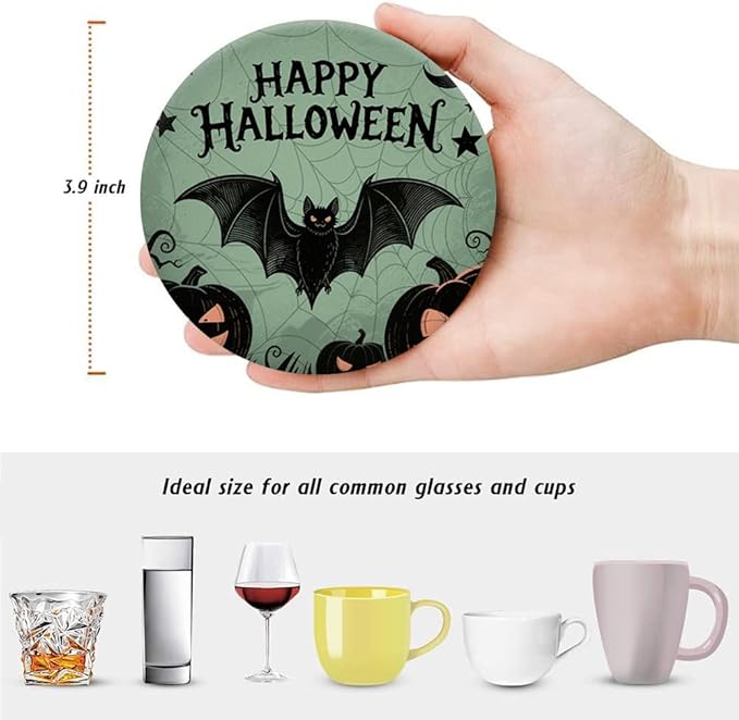 Halloween Drink Absorbent Coasters with Holder Set of 6, Ceramic Stone with Cork Base, Vintage Pumpkin Coaster for Drinks, Gift for Housewarming Room Bar Home Decor Kitchen