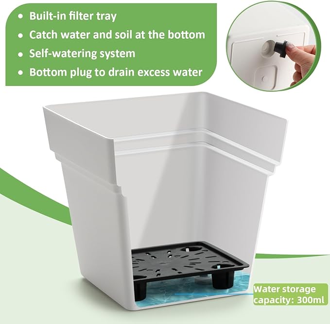 6-Pack 7'' Square Planters with Built-in Drainage Tray – Heavy-Duty Plastic Pots with Drainage Holes and Bottom Stopper, BPA-Free White Matte Planter Stackable for Indoor Plants, Herbs, Flowers