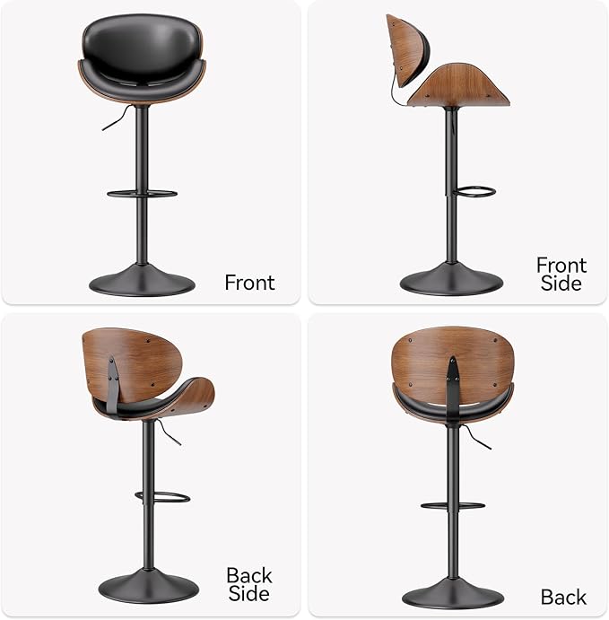 Swivel Bar Stools Set of 3, Seat Adjustable Height 23.5-32.5IN Bentwood Barstools with Back & Footrest, PU Leather Upholstered Counter Height Bar Chairs for Bar Kitchen Dining Room,Black