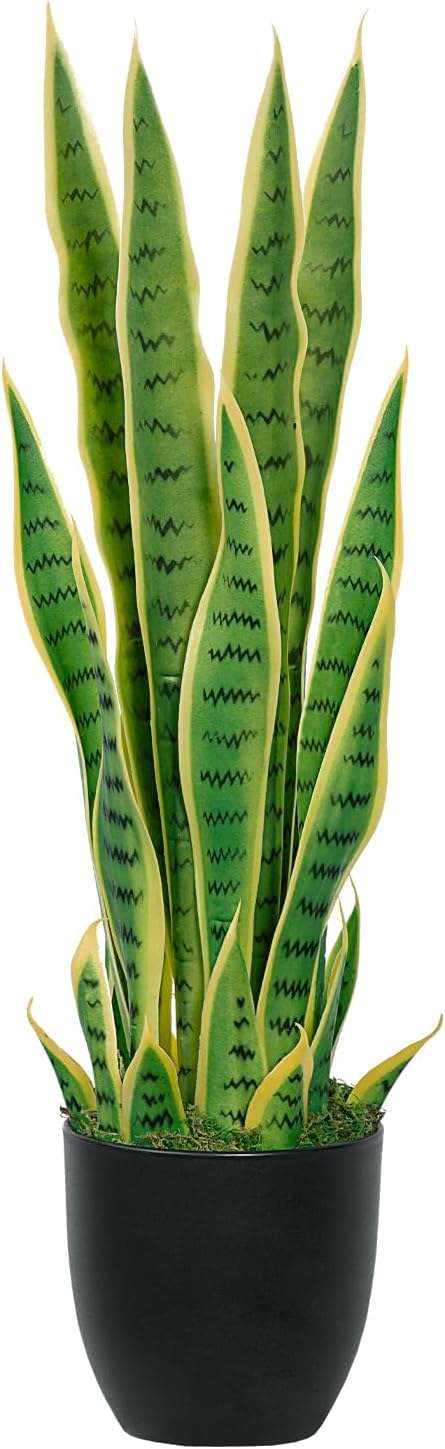Artificial Snake Plant – 28in Faux Sansevieria Plants, Fake Floor Plant for Indoor Outdoor, Front Porch Patio Home Office Decor, Mother-in-Law’s Tongue, Yellow 1Pcs