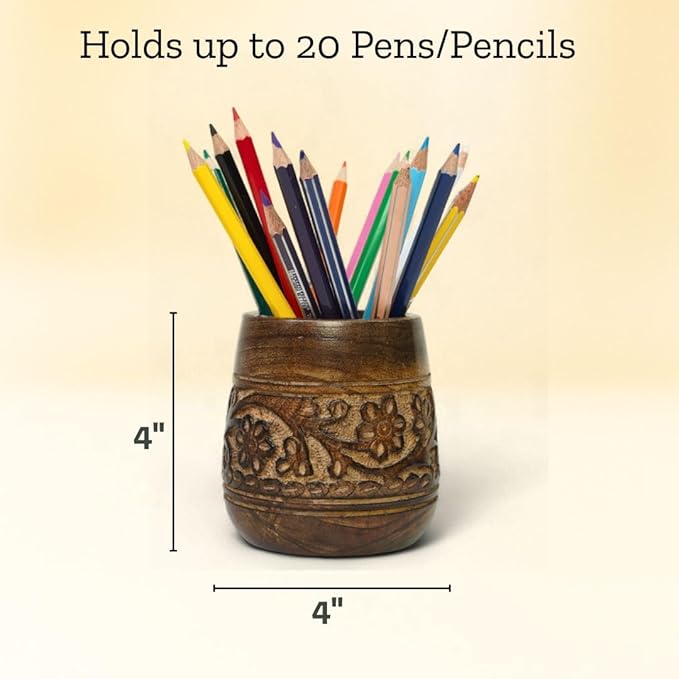 Mie Creations Designer Pencil Holder for Desk Wood | Wooden Pen Stand, Paintbrush Cup, Desk Accessories, Cute Make Up Brush Organizers | Office Desktop Stationery, Mothers Day Gift for Mom- 4'' Brown