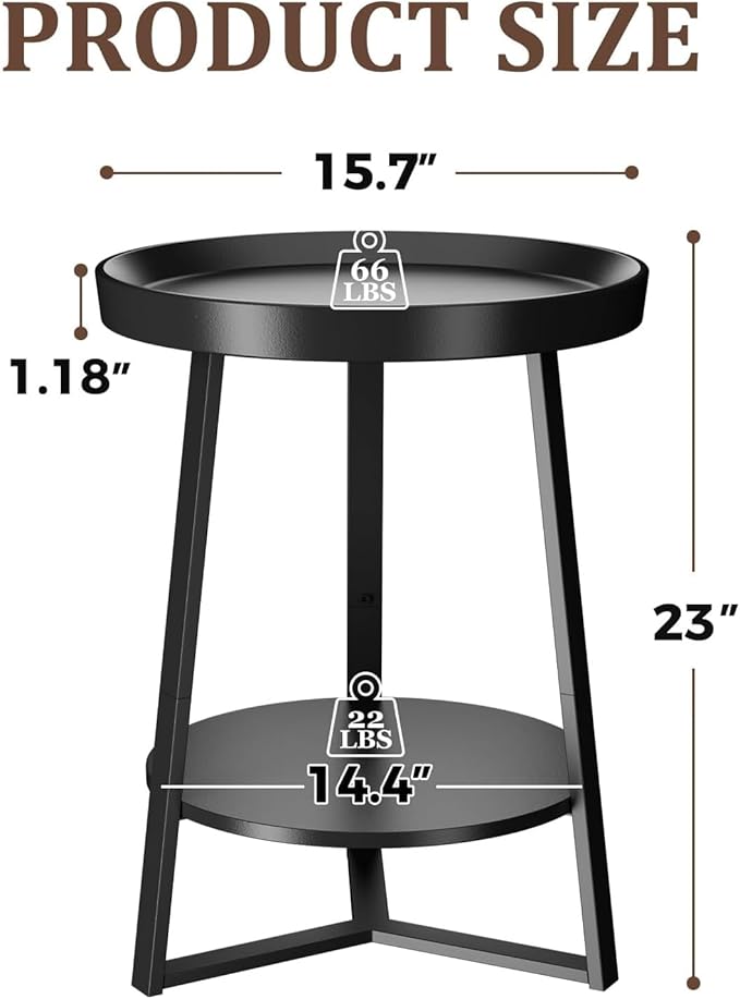 Gadroad Round End Table with Storage Shelf, 2 Tier Farmhouse Side Table Nightstand for Living Room, Bedroom, Wood Tabletop & Black Metal Frame, Black 15.7 * 15.7 * 23.0inches