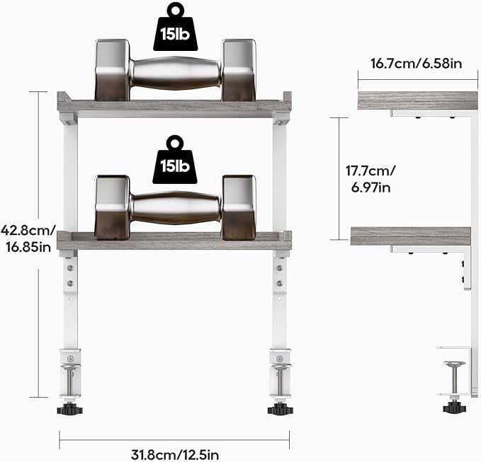 Clamp On Desk Shelf 2-Tier, 12.5 inch Wood Shelving Unit for Office Desk/Gaming Accessories, Tabletop Book Storage Rack, Shelf for Top & Under of Desk, Grey