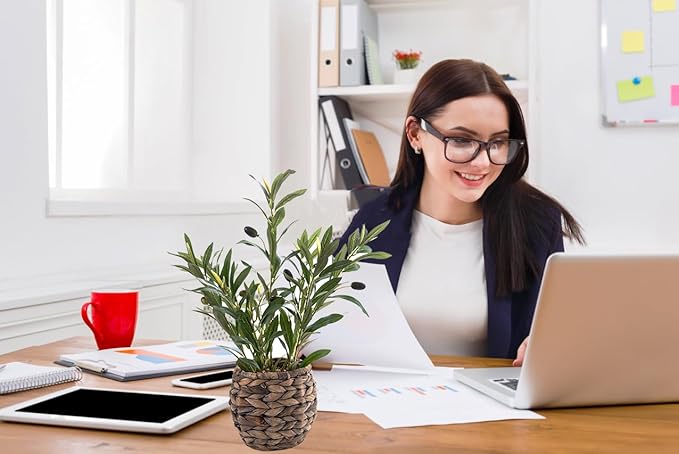 Indoor Fake Olive Plants 17.7 inches Tall Lifelike Artificial Olive Plants with Cyan Fruits in Brown Rattan Planter for Shelf Office Desk Kitchen Counter Small Space Artificial Plant Decor