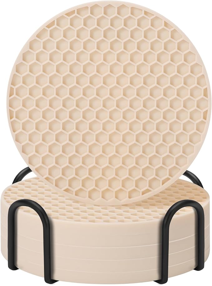 Coasters Set of 6 with Holder,Coasters for Drinks,Coffee Table Decor Coaster,Suitable for Kinds Cups,Anti-Slip,Non-Stick,Silicone Cup Coaster and Living Room Decor (6 Pcs, Tapioca)