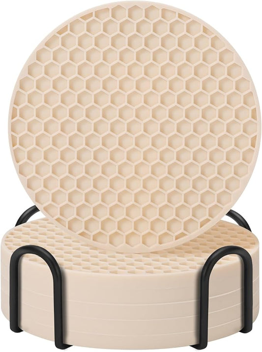 Coasters Set of 6 with Holder,Coasters for Drinks,Coffee Table Decor Coaster,Suitable for Kinds Cups,Anti-Slip,Non-Stick,Silicone Cup Coaster and Living Room Decor (6 Pcs, Tapioca)