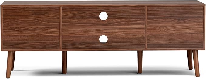 TV Stand for Living Room, Mid Century Modern Entertainment Center for 55/60/65 inch TVs, TV Console with Fluted Door Cabinets and Open Shelves, for Bedroom, Walnut